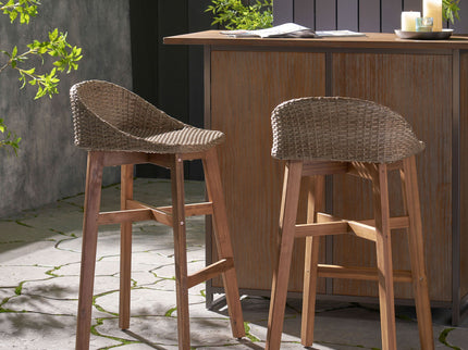 Beeson - Outdoor Wicker And Acacia Wood Barstools Set, Water Resistant - Brown