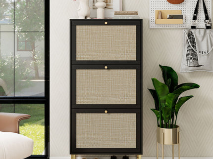 Modern Rattan 3 Door Shoe Rack Cabinet For Entryway