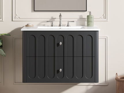 Floating Bathroom Vanity With Oval Knobs & Round Edge, Soft Close Drawer Slides
