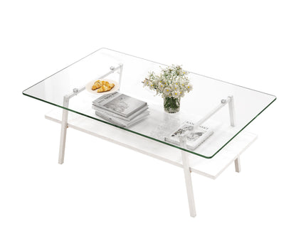 Rectangle Coffee Table, Tempered Glass Tabletop With Metal Legs, Modern Table For Living Room