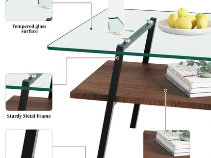 Rectangle Coffee Table, Tempered Glass Tabletop With Metal Legs, Modern Table For Living Room