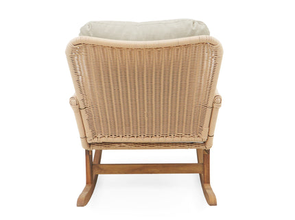 Modern 3 Piece Outdoor Seating Set With Cushioned Rattan Rocking Chairs And Wooden Accent Table