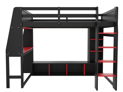 Gaming Loft Bed With Desk, Multi Storage Shelves, LED Lighting, And Hanging Clothes Rack