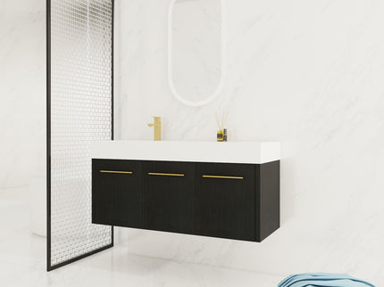 Contemporary 48" Wall Mounted Bathroom Vanity With Resin Sink And Soft Closing Doors And Line - Black Chestnut