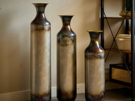 Modern Droplet Shaped Floor Vase Set, Glazed Metal Decorative Vases 3 Piece Home Accent For Living Room - Gold / White