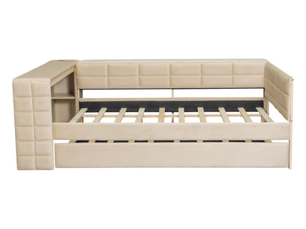 Upholstered Platform Bed With Storage Shelves, Desk, Charging Station And Trundle