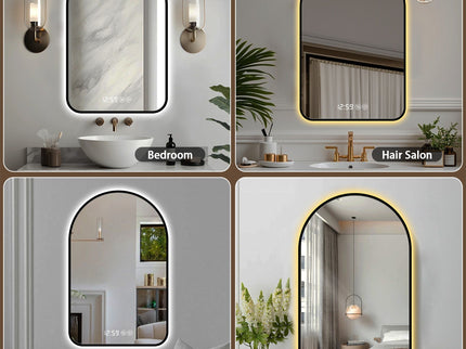 Arched LED Vanity Mirror With Time & Temperature Display, Anti-Fog, Dimmable Backlight In Frame, 3 Color Temperatures