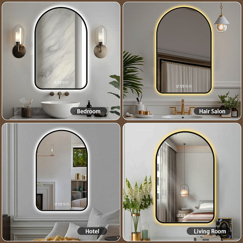 Arched LED Vanity Mirror With Time & Temperature Display, Anti-Fog, Dimmable Backlight In Frame, 3 Color Temperatures