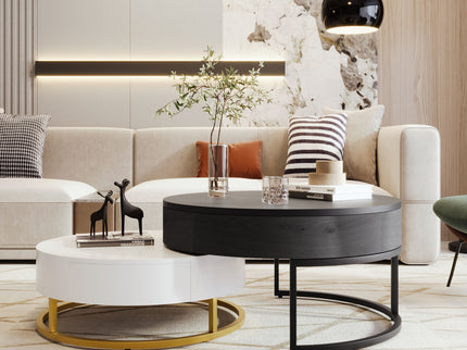 Modern Round Lift-Top Nesting Coffee Tables With 2 Drawers