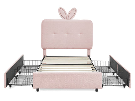 Upholstered Bed With Oversized Rabbit Ear Headboard, LED Lights & 4 Storage Drawers