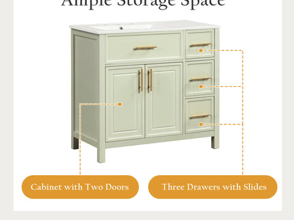 36" Bathroom Vanity With Sink, 2 Doors, 3 Drawers, Rectangular - White