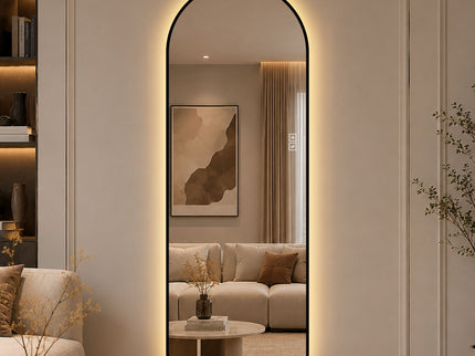 65" X 24" Arched LED Full Length Mirror With Frame, 3 Color Temperatures & Stepless Dimming - Black
