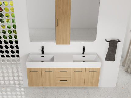 Floating Double Sink Bathroom Vanity Set With Tall Linen Cabinet, Drawers And Doors, Extra Large Storage, Integrated Sink, Soft Close Hardware - Glossy White / Light Oak