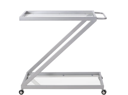 Modern Z Shaped Bar Cart With Tempered Glass Shelves - Silver