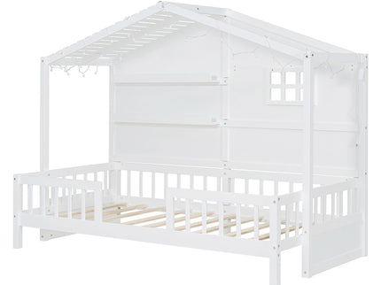 House Bed With Shelves, Window And Sparkling Light Strip On The Roof