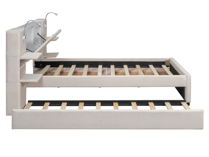 Upholstered Platform Bed With Reading Lights, Drawers, Trundle And Shelves