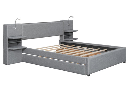 Upholstered Platform Bed With Reading Lights, Drawers, Trundle And Shelves