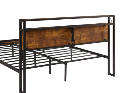 Metal Platform Bed Frame With Wooden Headboard And Footboard With USB Liner, LED Lights, No Box Spring Needed, Large Under Bed Storage
