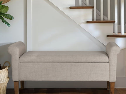 Upholstered Storage Bench With Rolled Armrests - Beige