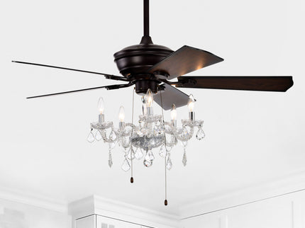 52" Crystal Shade Ceiling Fan Lamp, 3 Speed, 4 Timing, 5 Reversible Blades Crystal Ceiling Fan, 5 Pieces X E12 (No Include Bulb), Hand Pull Chain - Matte Black