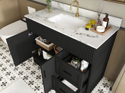 Bathroom Vanity Set, Fluted Cabinet, Soft Close Doors With Drawers, Single Faucet Hole, Sink Included - Black