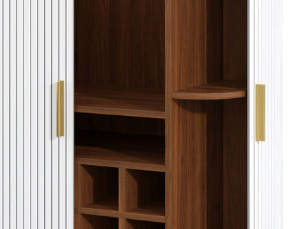 Fluted Wine Bar Cabinet With 8 Grid Wine Rack, 5 Level Adjustable Shelves, 2 Glass Holders