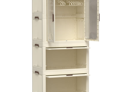 Portable Wardrobe Closet Storage Organizer With Magnetic Doors And Hanging Rod - Cream White