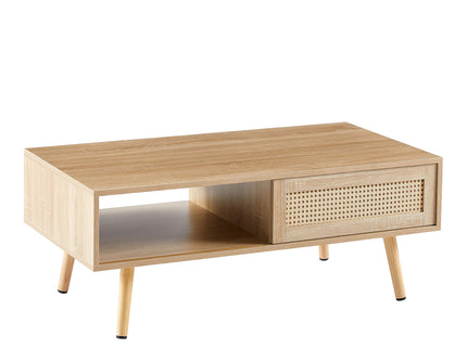41.34" Rattan Coffee Table, Sliding Door For Storage, Solid Wood Legs, Modern Table For Living Room