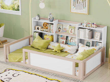 Platform Floor Bed With Guardrail Fence And Side Storage Shelves