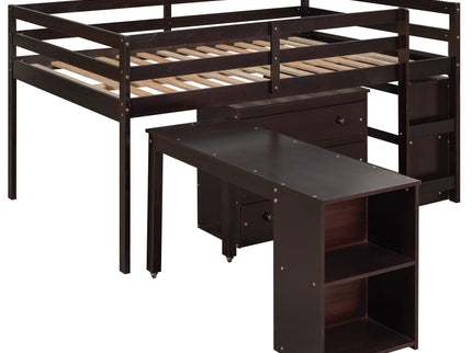 Loft Low Study Bed With Cabinet, Shelves And Rolling Portable Desk, Multiple Functions