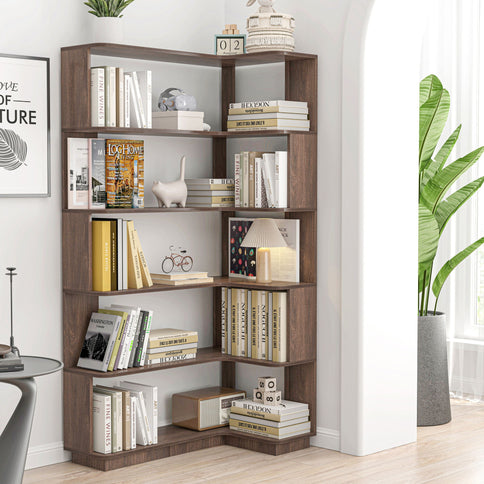 Freestanding Corner Bookshelf For Living Room - Dark Brown