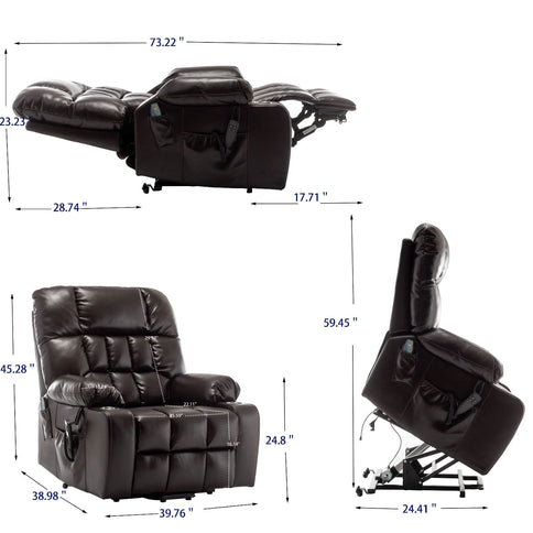 Lift Chair With Heat & Massage, 2 Pockets, 2 Cup Holders, Dual Remote - Wine Red