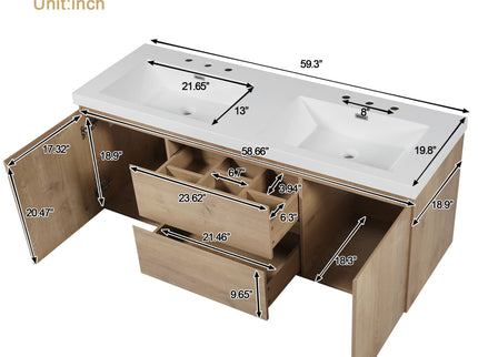 Double Sink Bathroom Vanity, Cabinet & Soft Close Doors, Divided Drawers, Wall Mounted Storage - Wood