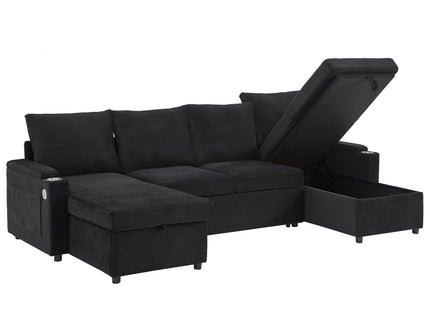 U Shaped Sectional Sofa Bed With Storage Chaise Lounges, USB Ports, And Cup Holders