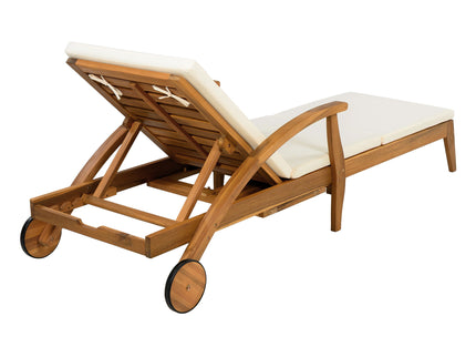 Versatile Chaise Lounge With Wheels Acacia Wood Recliner For Patio - Cream