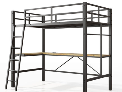 Twin Metal Loft Bed With L - Shaped Desk, Charging Station Loft Bed Frame Twin Size, Safety Guard & Ladder, No Box Spring Needed - Black