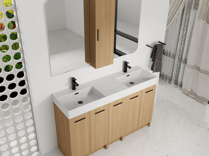 Double Sink Bathroom Vanity Set With Tall Linen Cabinet, Extra Large Storage, Integrated Sink, Freestanding Cabinet - Light Oak / White