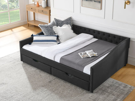 Upholstered Tufted Daybed With 2 Drawers, Waved Arms