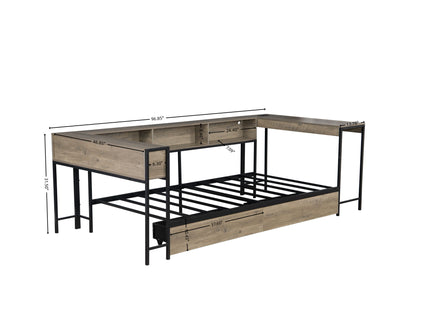 Corner Bed Frame Twin Size With Bookcase And 2 Underbed Storage Drawers, Modern Twin Bed With LED Light And Charging Station, Modern Daybed Reversible Left Or Right - Gray