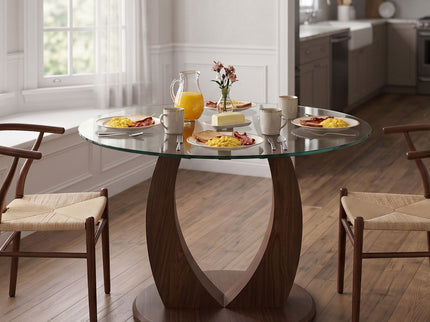 2 In 1 Round Glass Dining Table With Adjustable Curved Base, - Transparent / Walnut