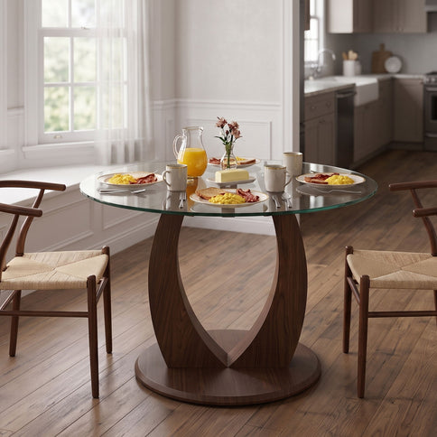 2 In 1 Round Glass Dining Table With Adjustable Curved Base, - Transparent / Walnut