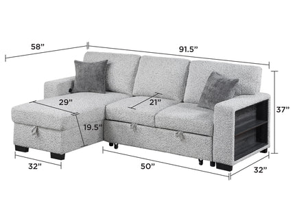 Buzz - Reversible Sleeper Sectional Sofa With Storage Chaise, Console Arm, USB Charging & Cup Holders - Gray