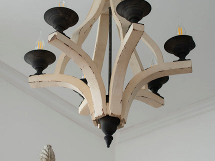 6 Light Wood Chandelier, Hanging Light Fixture With Adjustable Chain For Kitchen, Bulb Not Included - Cream