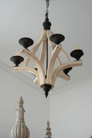 6 Light Wood Chandelier, Hanging Light Fixture With Adjustable Chain For Kitchen, Bulb Not Included - Cream