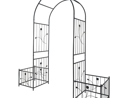 Metal Garden Arch With Two Plant Stands Wide High Climbing Plants Support Rose Arch Outdoor - Black