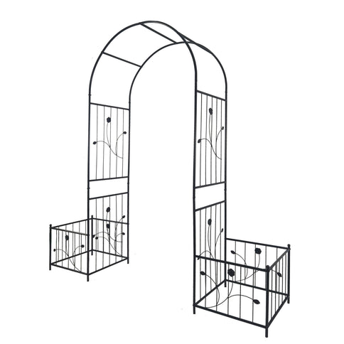Metal Garden Arch With Two Plant Stands Wide High Climbing Plants Support Rose Arch Outdoor - Black