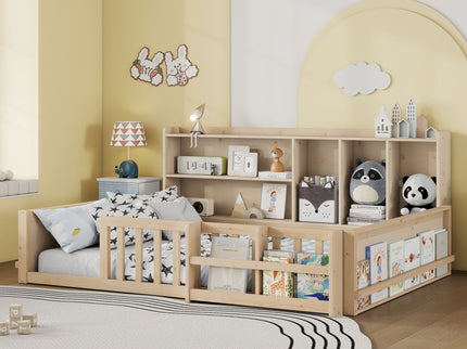 Platform Bed Frame With Guardrail, Storage Shelves & Bookshelf