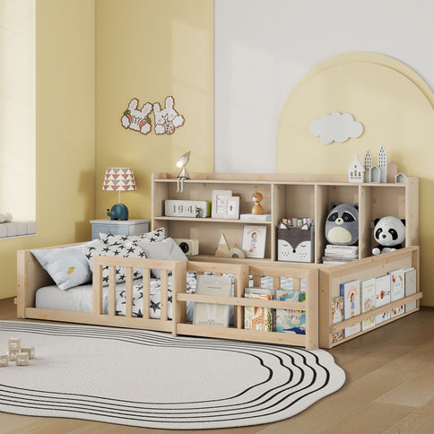 Platform Bed Frame With Guardrail, Storage Shelves & Bookshelf
