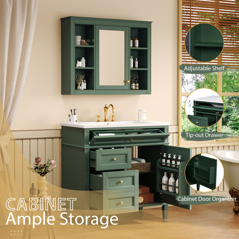 Bathroom Vanity With Mirror Cabinet, Single Sink With 2 Soft Closing Doors And 4 Drawers