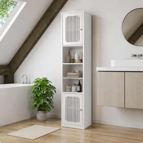 Tall Bathroom Cabinet With Adjustable Shelves, Louvered Door Floor Standing Storage Unit - White